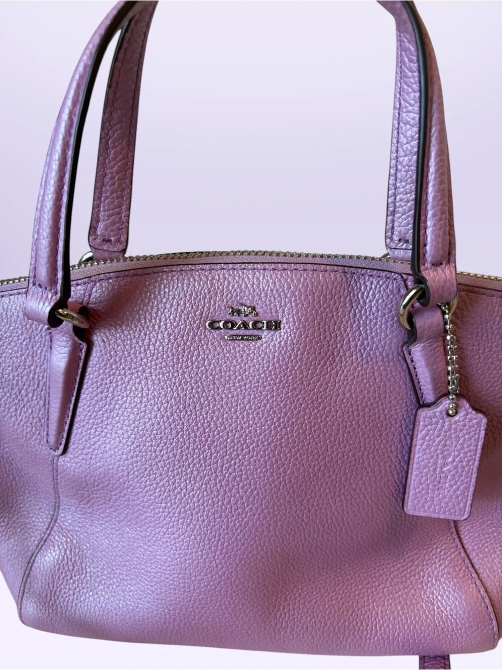 Coach Mini Kelsey Satchel in a metallic lilac purple pebbled leather